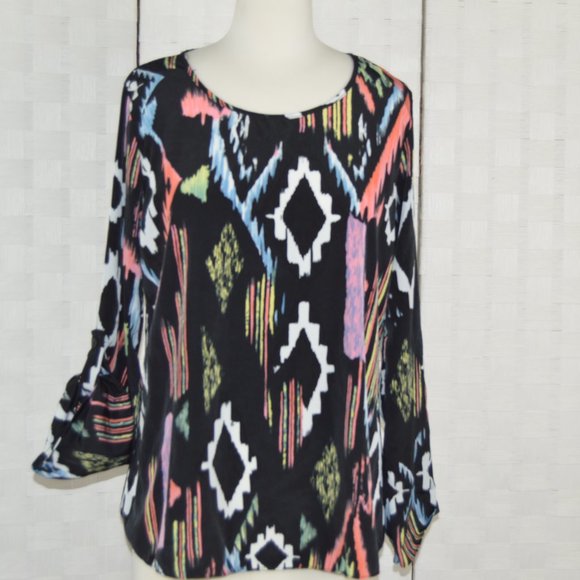 Moa Moa Tops - Moa Moa Black Multi Color Patterned Blouse, Size S